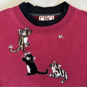Vintage Top Stitch Maroon XL Womens Embroidered Velvet Cat Sweatshirt
